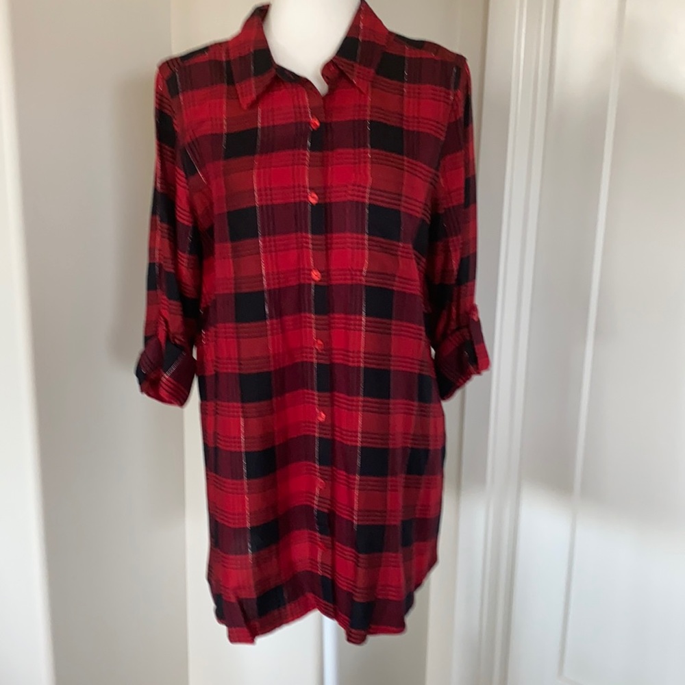 INTRO Plaid Roll-Tab Sleeve Tunic Top